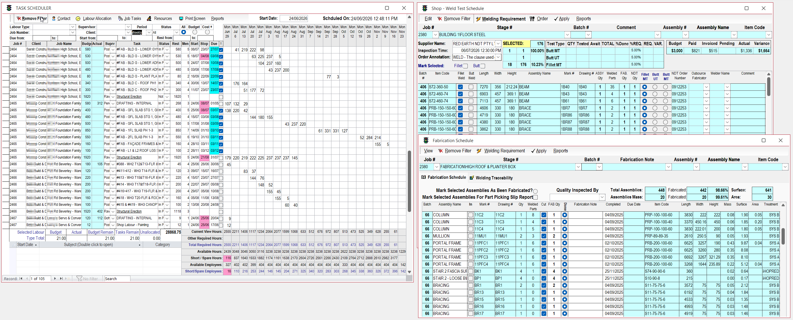 Fabrication and weld testing scheduling module